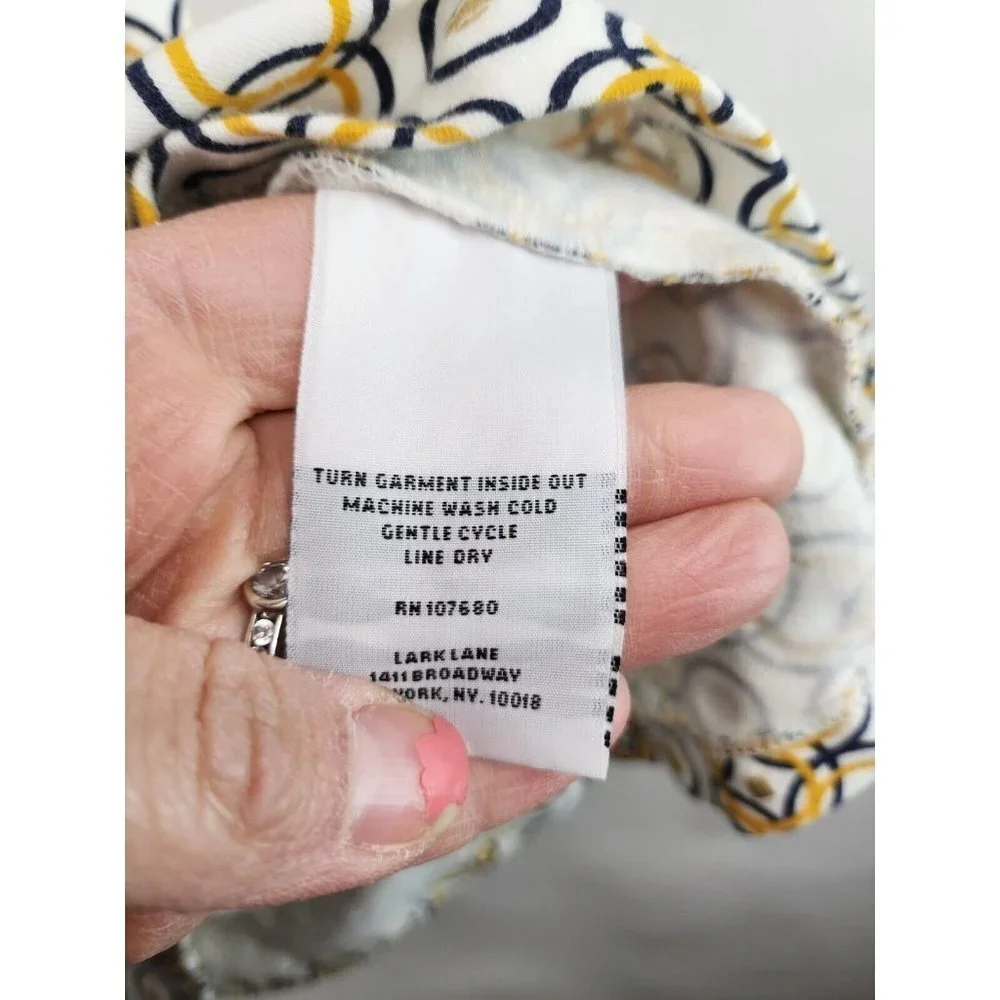 Lark Lane Yellow Blue Circle Print Qortek Button Tab Sleeve Blouse‎ Medium